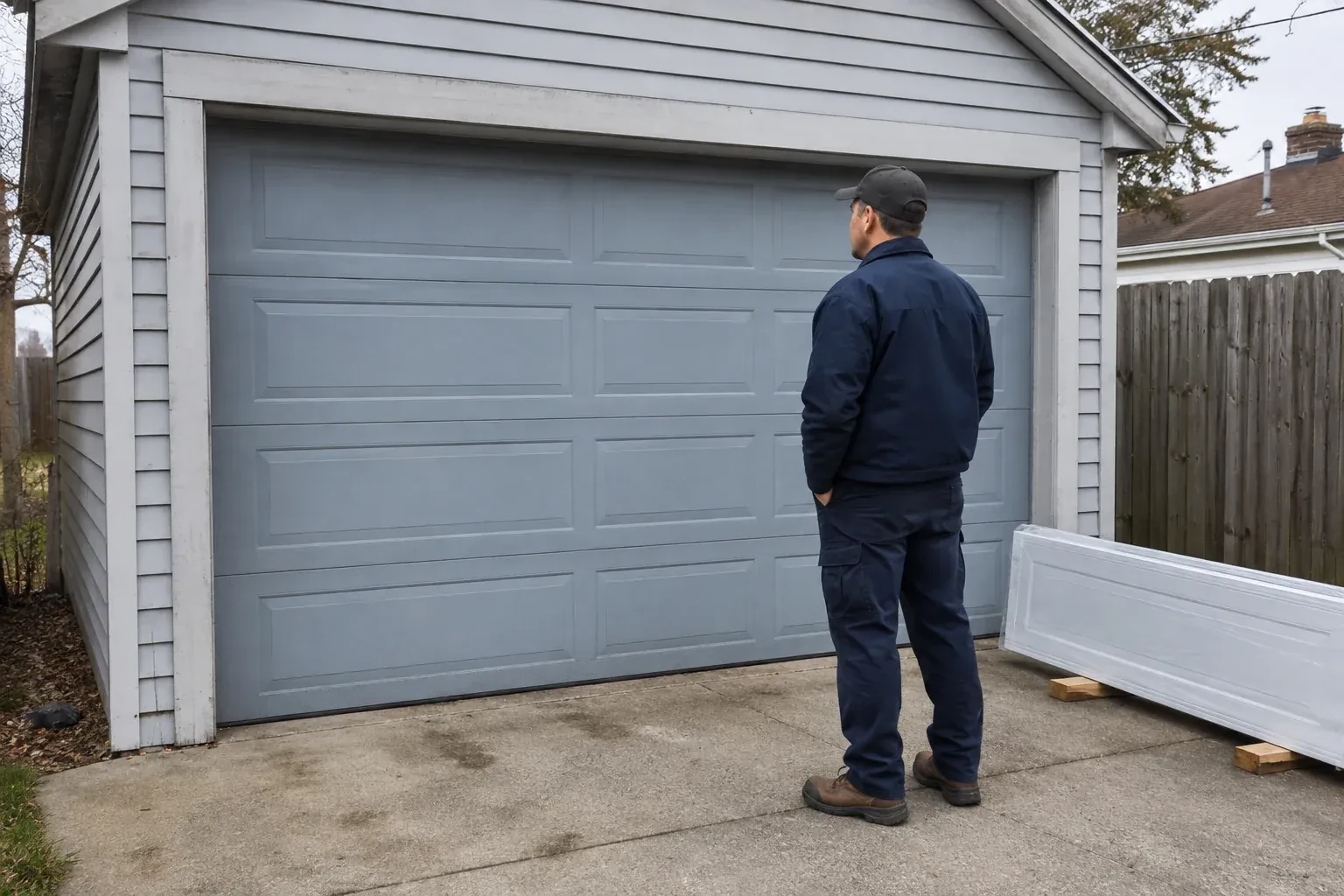 A person examines a blue-grey sectional garage door with a packaged door panel resting beside the driveway. — Sectional Garage Door Replacement, Oshawa