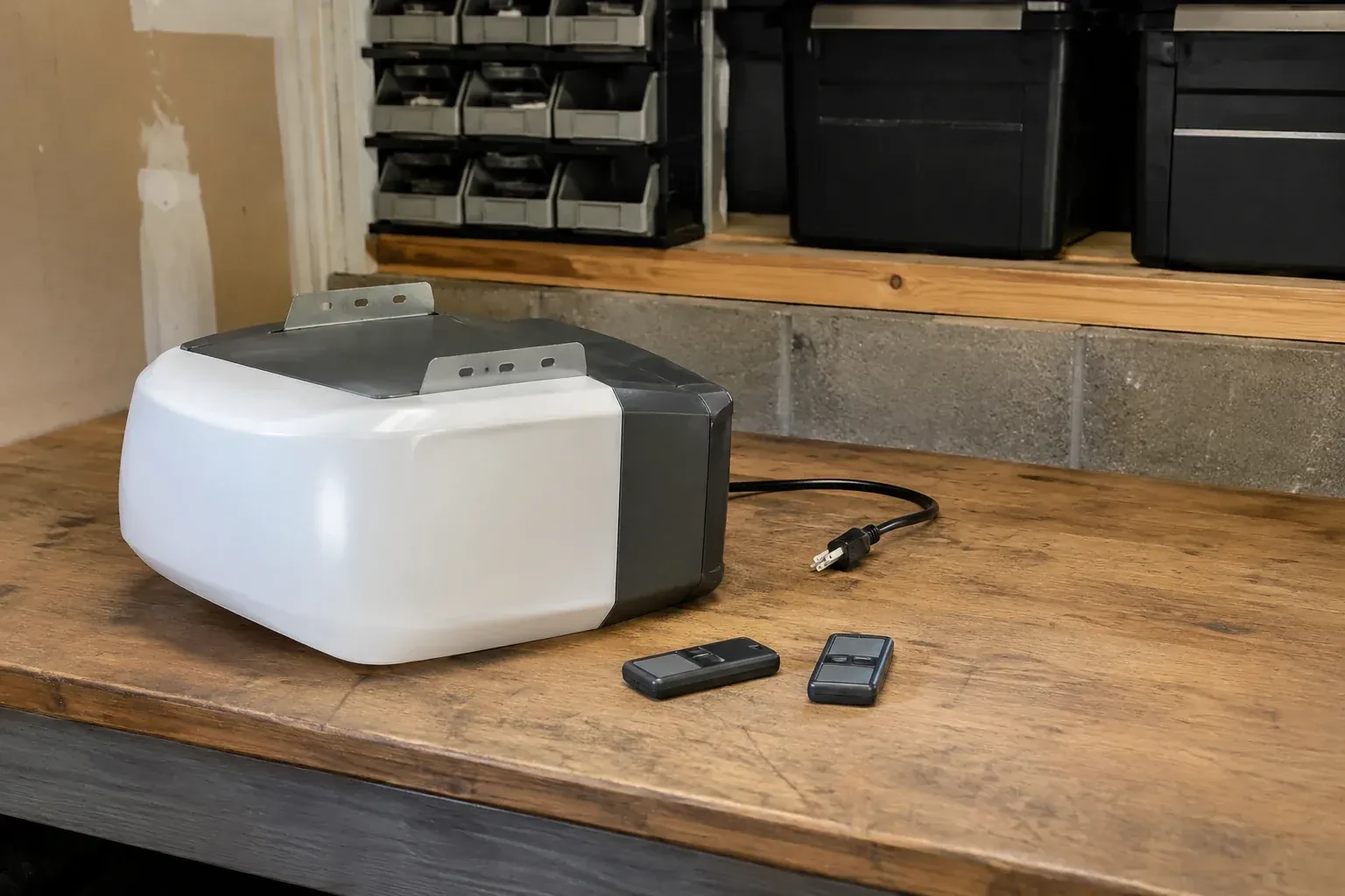 Detached opener housing and two remotes on a garage bench. — Garage Door Opener Replacement, Oshawa