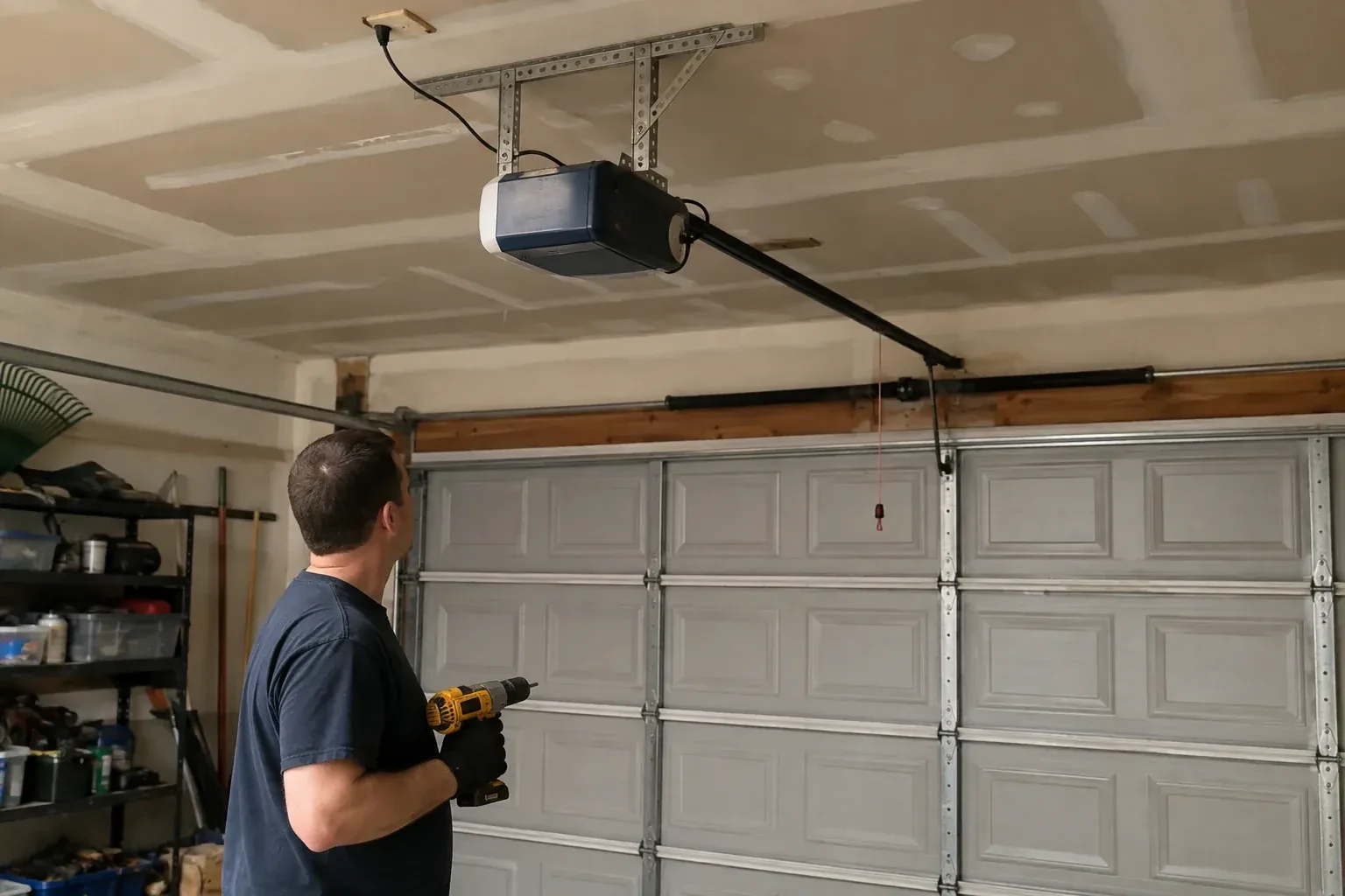 Person holding a yellow drill and looking up at a blue and white opener above a gray paneled garage door. — Chain-Drive Opener Repair, Oshawa