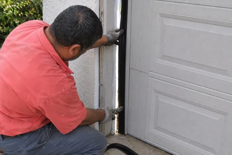 Gloved person holding a black strip along the side of a sectional garage-door opening — Garage Door Perimeter Weatherstrip, Oshawa
