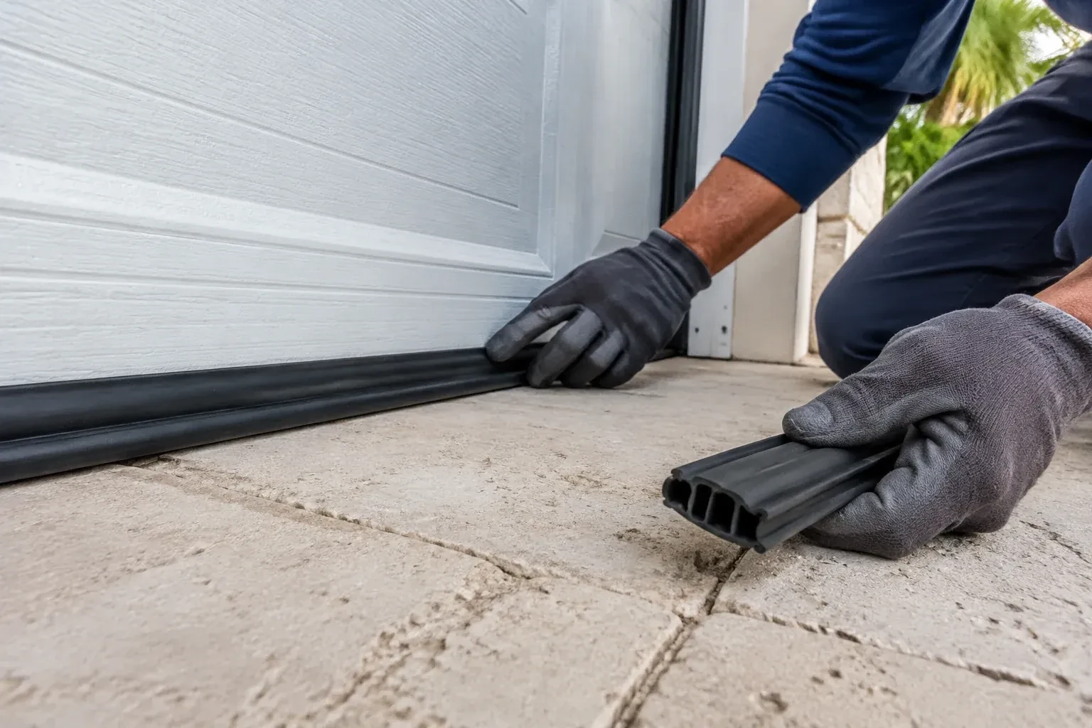 Gloved hands setting a black rubber seal along the base of a white garage door, holding a ribbed strip over paving stones. — Garage Door Bottom Seal Replacement, Oshawa