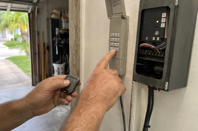 Hands holding a small remote and pressing a wall-mounted keypad beside an open control box with visible wiring. — Garage Door Remote and Keypad Programming, Oshawa