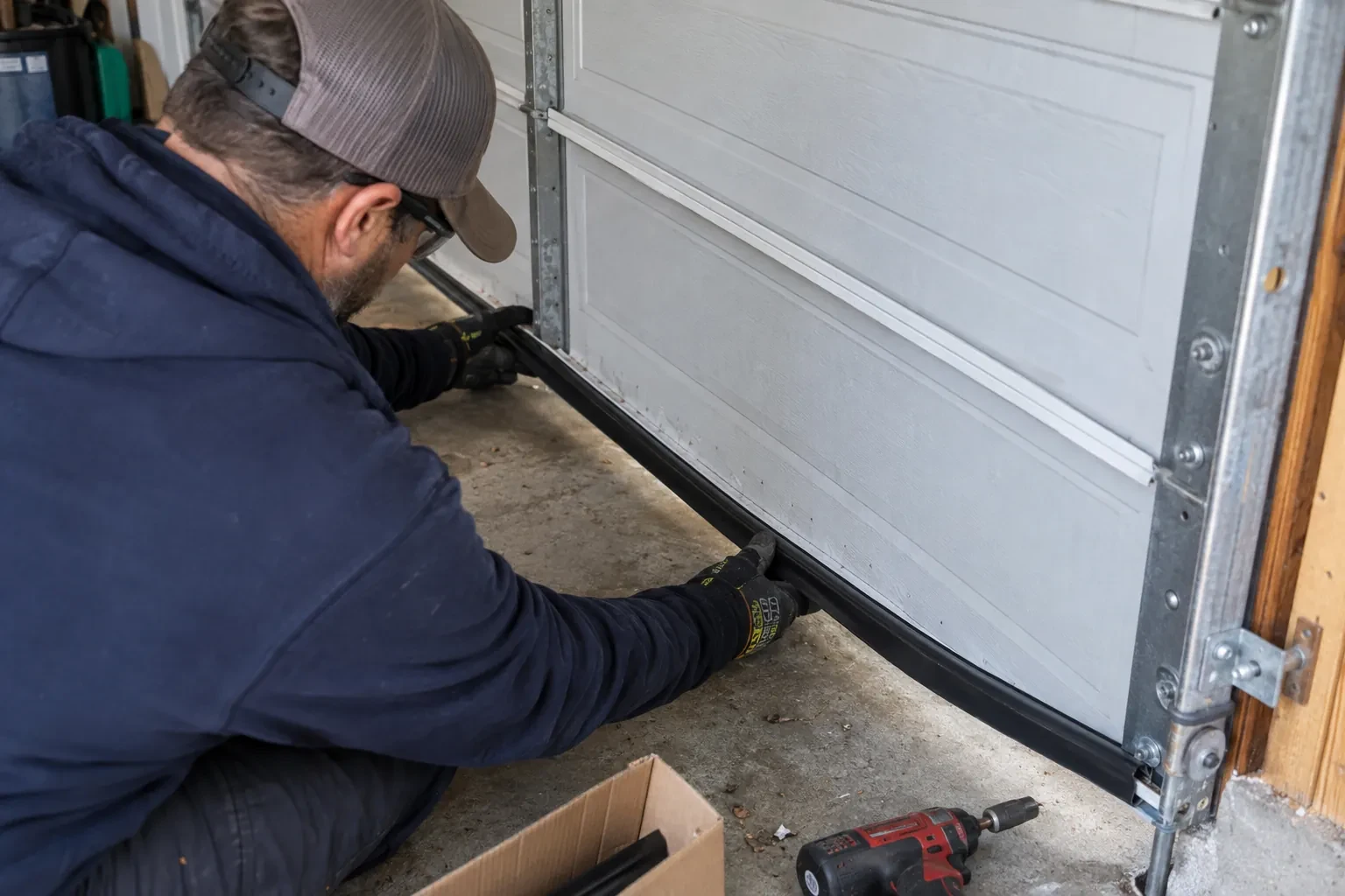 Gloved hands pressing a black rubber seal along the bottom edge of a paneled garage door, with a red drill nearby.