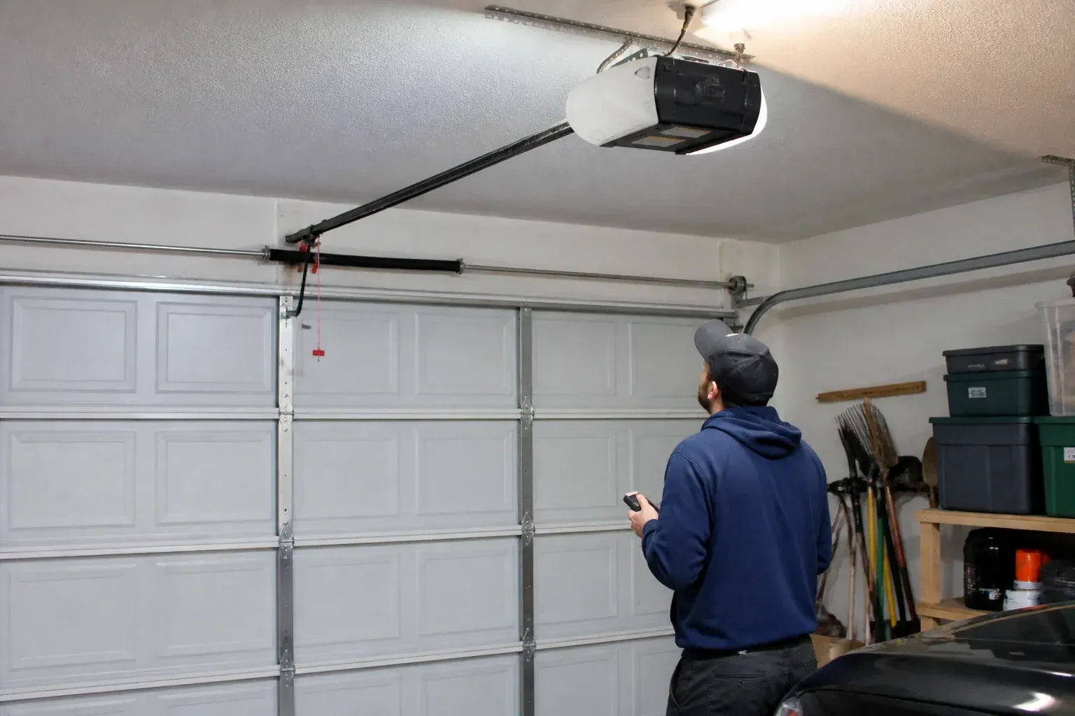 A person holding a remote looks toward an overhead garage-door opener and rail. — Garage Door Opener Diagnosis and Repair, Oshawa