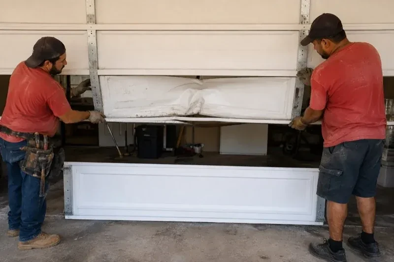 Two people holding a dented lower garage-door section above a separate white panel resting on the ground. — Garage Door Panel Replacement, Oshawa