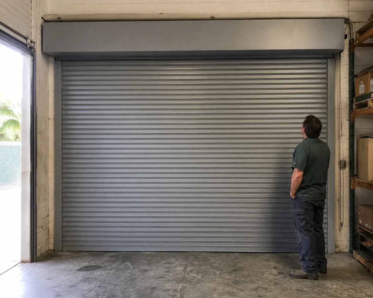 A person examines a closed metal rolling door with narrow horizontal slats, side guides and an overhead hood in a warehouse. — Commercial Rolling Door Repair, Oshawa