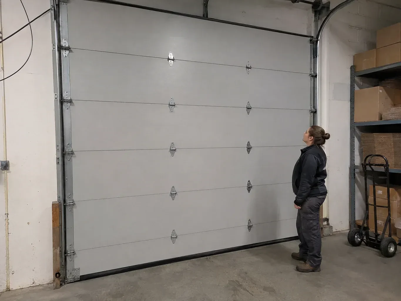 A person looks at a tall closed sectional door with broad panels, hinges and side tracks in a warehouse. — Commercial Sectional Door Repair, Oshawa