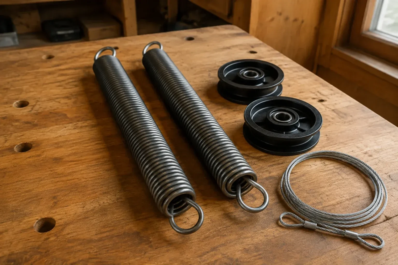 Two coiled extension springs with looped ends, two black pulleys and a loop of steel cable on a worn wooden workbench. — Extension Spring Replacement, Oshawa