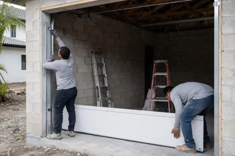 Two people positioning a white garage-door panel and side track in an unfinished masonry garage. — New-Construction Garage Door Installation, Oshawa