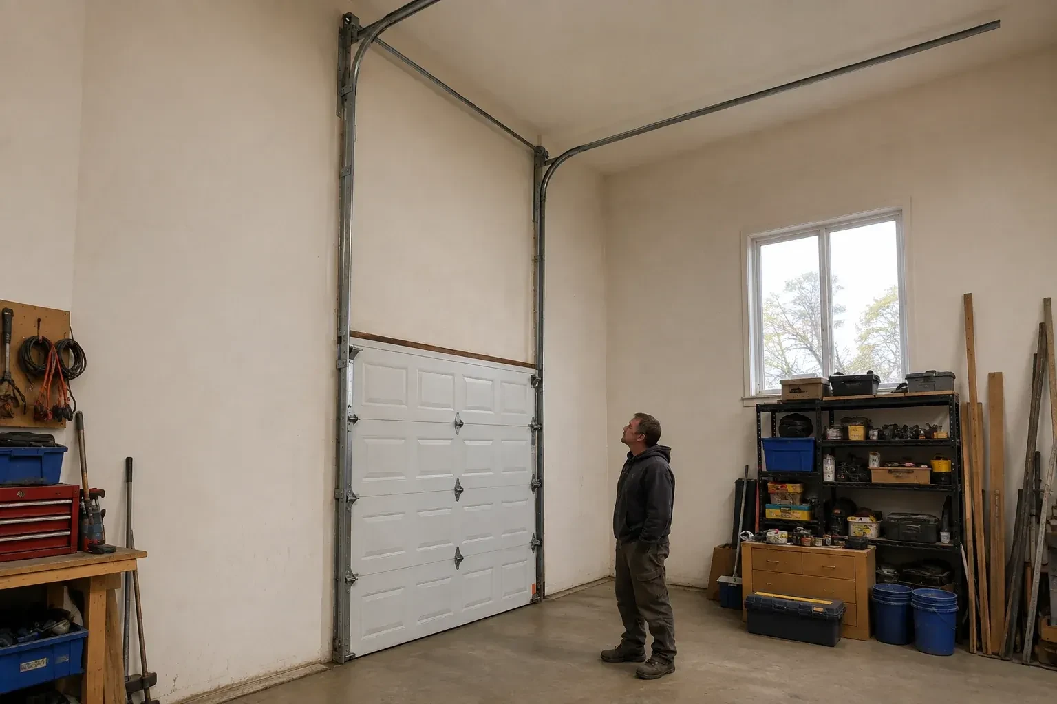 Vertical tracks extend above a closed garage door before curving near a high ceiling, while a person looks upward. — High-Lift Garage Door Conversion, Oshawa