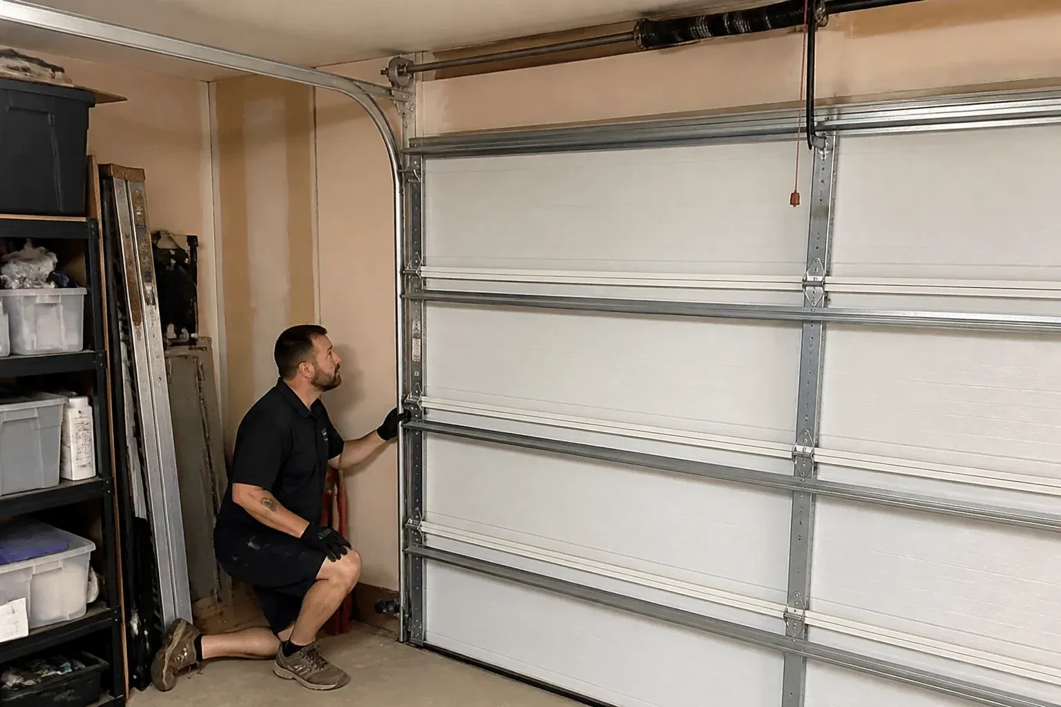 A person examines the vertical side track of a closed garage door. — Garage Door Track Repair or Replacement, Oshawa