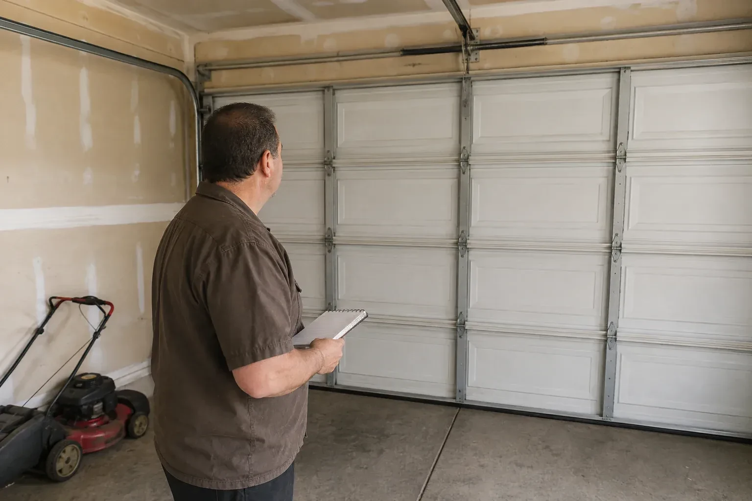 Technician holding a notebook while looking at a closed sectional door. — Garage Door Balance Adjustment, Oshawa